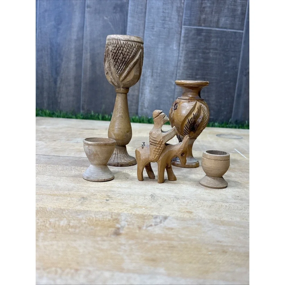 Vintage Hand Carved Wood Decor Lot Vase Goblets Camel Figurine Folk Art 5 Pc